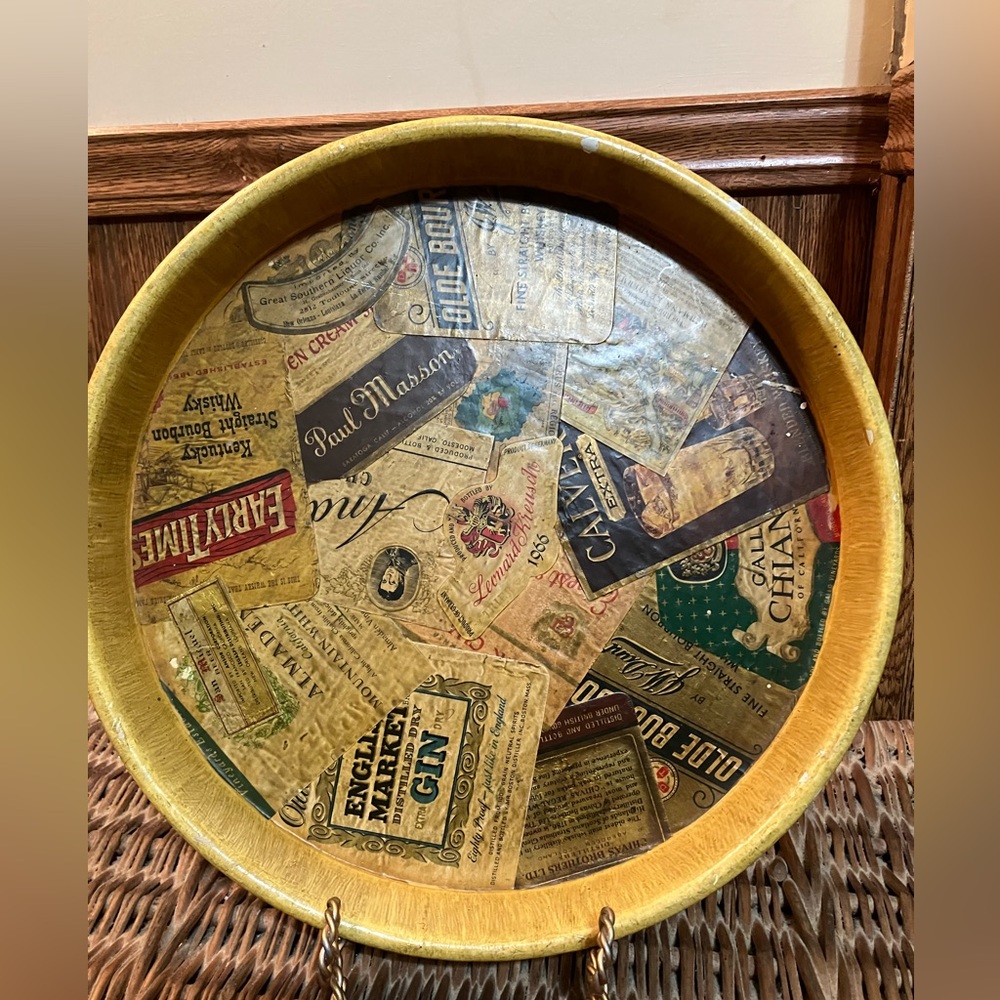 Vintage Liquor Labels Tin Metal Tray Decoupaged 13.5” Wide Unique Bar Decor